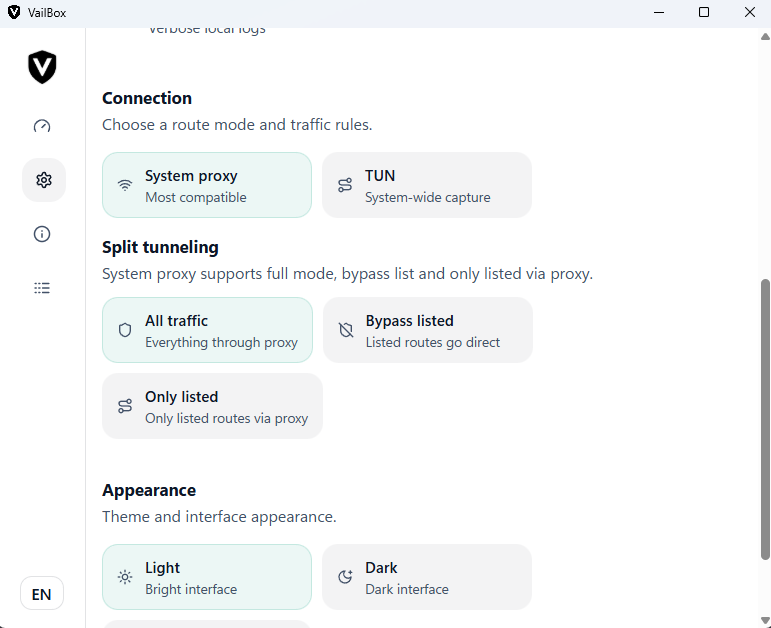 VeilBox Windows Settings showing System proxy, TUN and split tunneling choices
